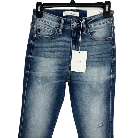 NWT KanCan Junior Women’s Blue Jeans Sz 5/26 Raw Hems W/slit Distressed Stretch - Picture 2 of 15